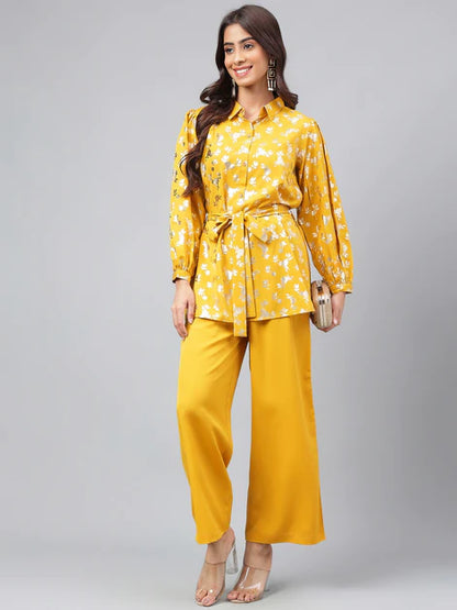 Yellow Crepe Floral Foil Printed Top with Palazzo