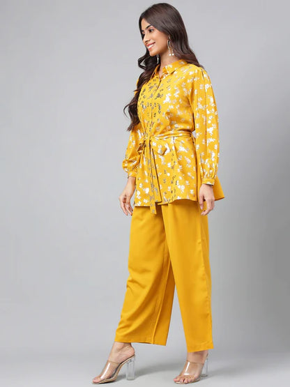 Yellow Crepe Floral Foil Printed Top with Palazzo