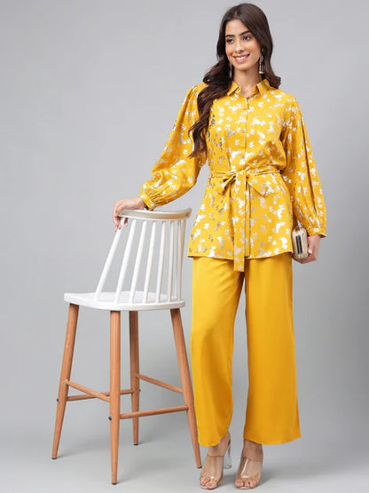 Yellow Crepe Floral Foil Printed Top with Palazzo