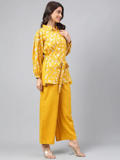 Yellow Crepe Floral Foil Printed Top with Palazzo