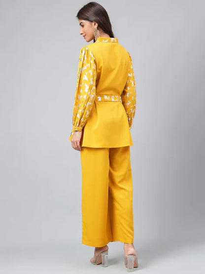 Yellow Crepe Floral Foil Printed Top with Palazzo