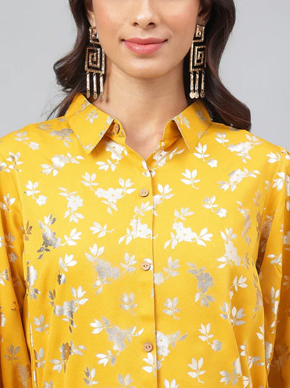 Yellow Crepe Floral Foil Printed Top with Palazzo