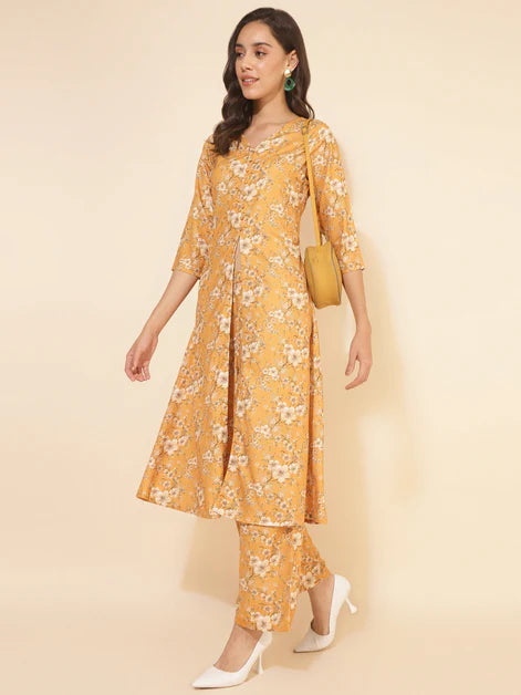 Mustard Moss Floral Printed Kurta with Palazzo