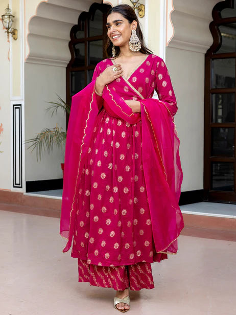 Pink Brocade Woven Design Kurta with Palazzo and Dupatta