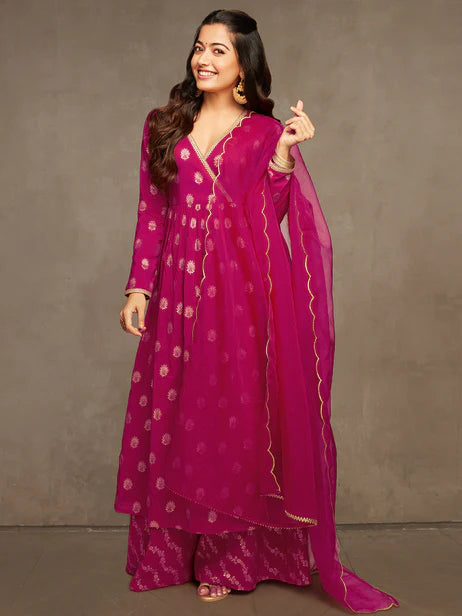 Pink Brocade Woven Design Kurta with Palazzo and Dupatta