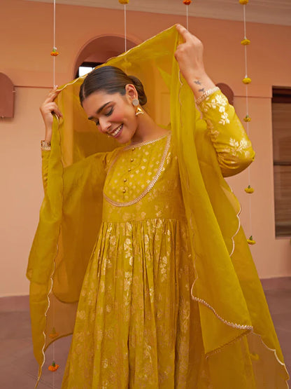 Yellow Brocade Woven Design Kurta with Palazzo and Dupatta