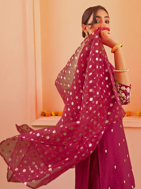 Pink Chanderi Embellished Kurta with Palazzo and Dupatta