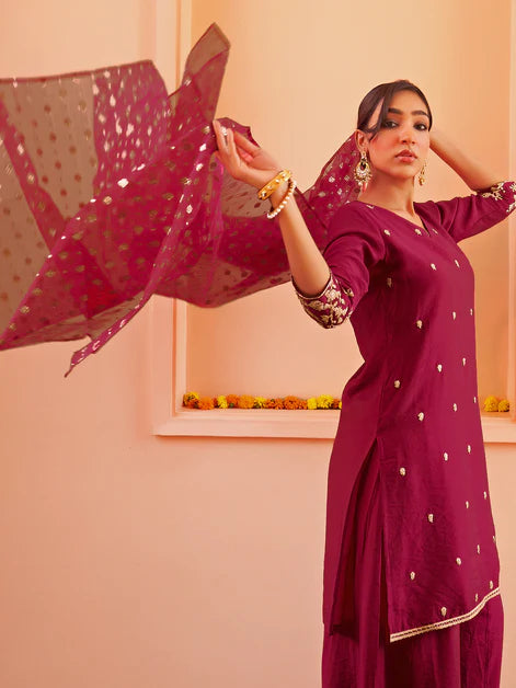 Pink Chanderi Embellished Kurta with Palazzo and Dupatta