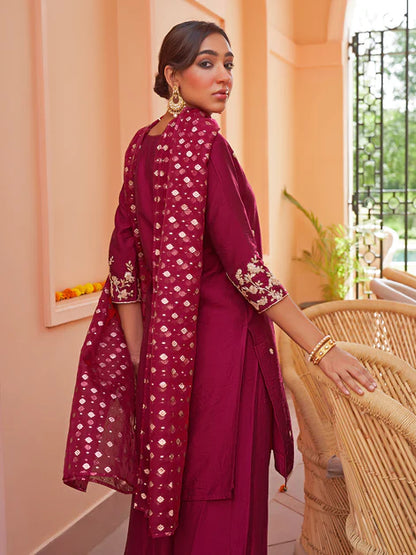 Pink Chanderi Embellished Kurta with Palazzo and Dupatta