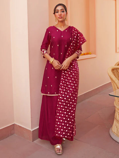 Pink Chanderi Embellished Kurta with Palazzo and Dupatta