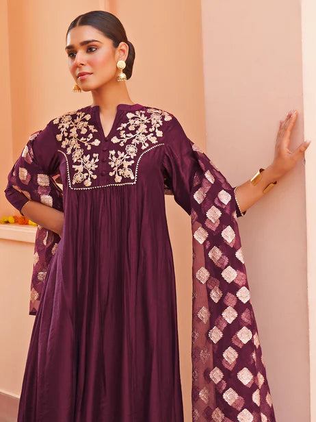 Purple Chanderi Embellished Kurta with Palazzo and Dupatta