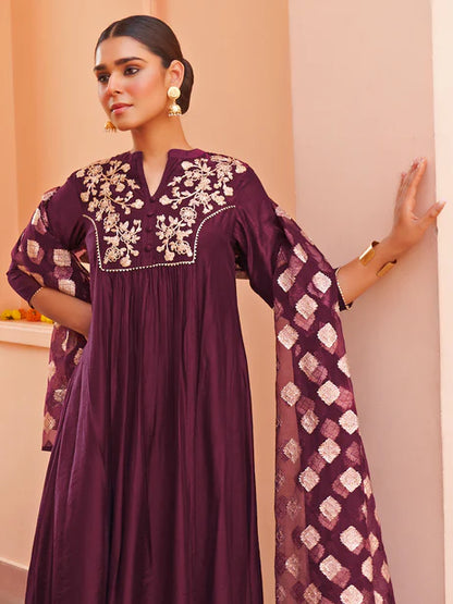 Purple Chanderi Embellished Kurta with Palazzo and Dupatta