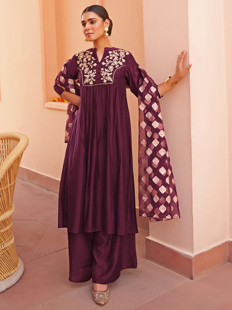 Purple Chanderi Embellished Kurta with Palazzo and Dupatta