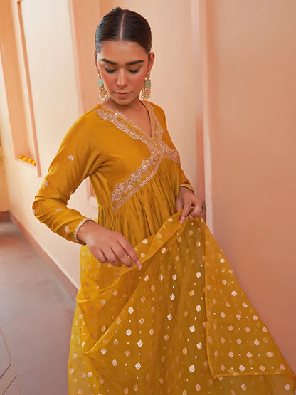 Mustard Chanderi Emabellished Kurta with Palazzo and Dupatta