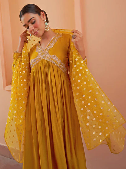 Mustard Chanderi Emabellished Kurta with Palazzo and Dupatta