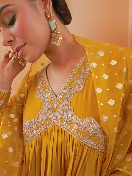 Mustard Chanderi Emabellished Kurta with Palazzo and Dupatta