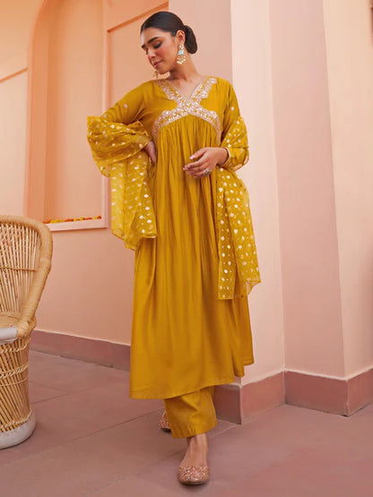 Mustard Chanderi Emabellished Kurta with Palazzo and Dupatta