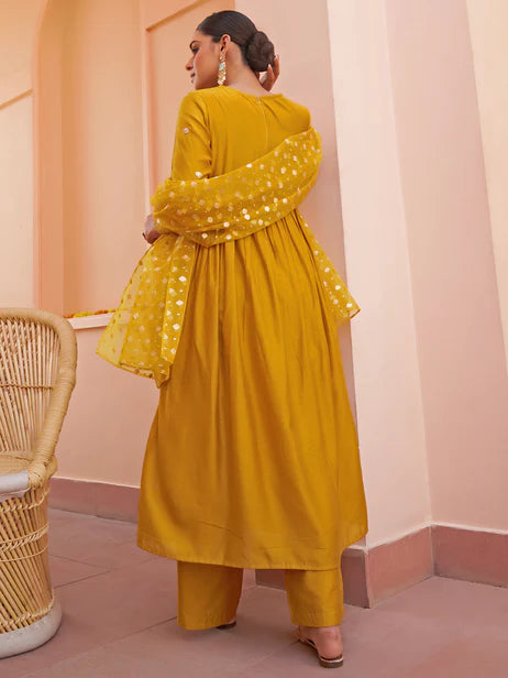 Mustard Chanderi Emabellished Kurta with Palazzo and Dupatta