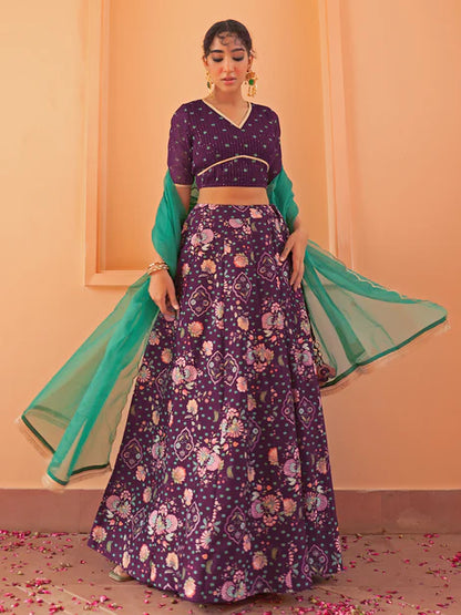 Purple Crepe Silk Digital Floral Printed Lehenga Choli With Dupatta