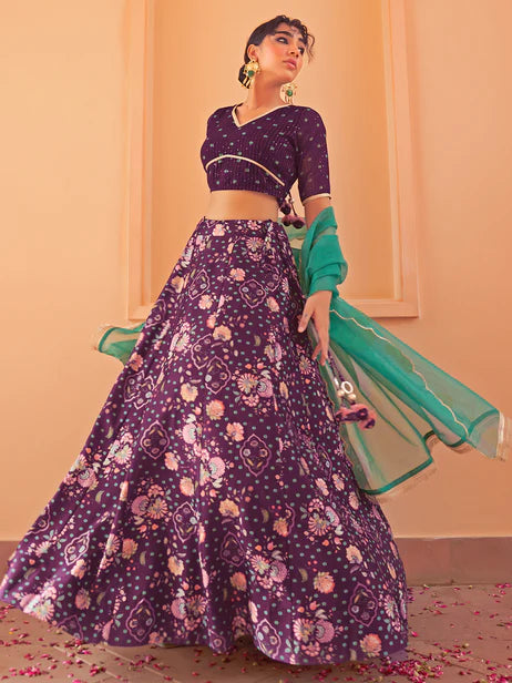 Purple Crepe Silk Digital Floral Printed Lehenga Choli With Dupatta