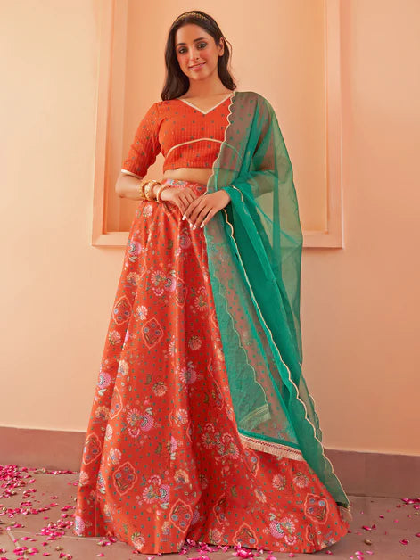 Orange Crepe Silk Digital Floral Printed Lehenga Choli With Dupatta