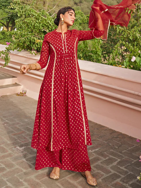 Maroon Georgette Foil Motif Printed Kurta with Palazzo and Dupatta