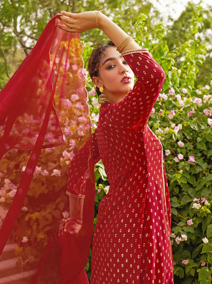 Maroon Georgette Foil Motif Printed Kurta with Palazzo and Dupatta