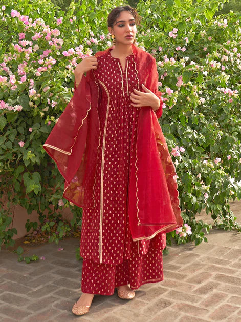 Maroon Georgette Foil Motif Printed Kurta with Palazzo and Dupatta