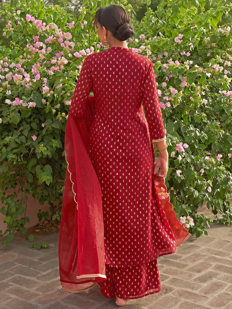 Maroon Georgette Foil Motif Printed Kurta with Palazzo and Dupatta