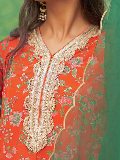 Orange Georgette Botanical Printed Kurta with Palazzo and Dupatta