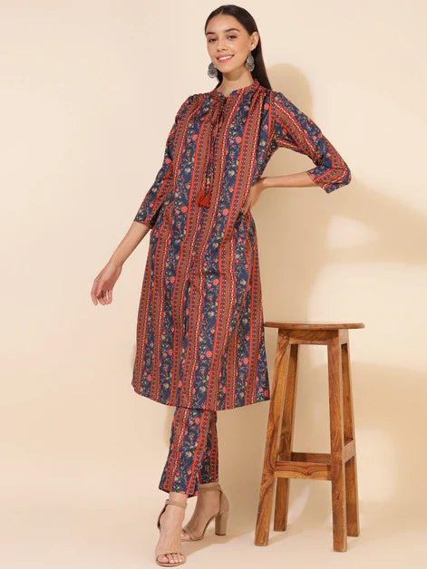 Blue Crepe Digital Floral Printed Kurta with Pant