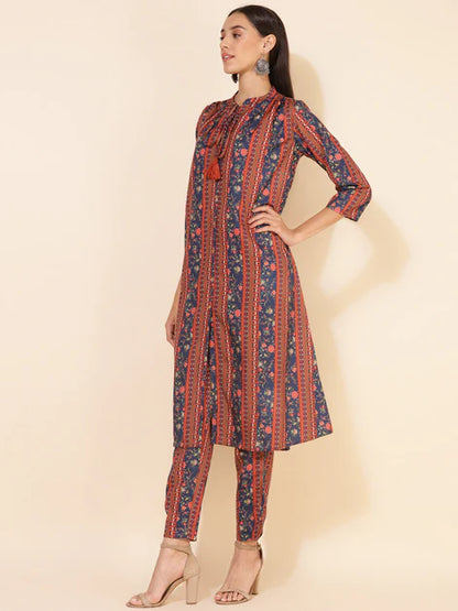 Blue Crepe Digital Floral Printed Kurta with Pant