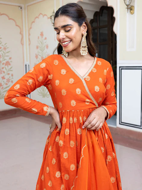 Orange Brocade Woven Design Kurta with Palazzo and Dupatta