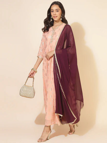 Peach Georgette Foil Printed Anarkali Kurta and Dupatta