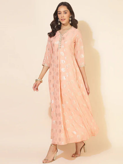 Peach Georgette Foil Printed Anarkali Kurta and Dupatta