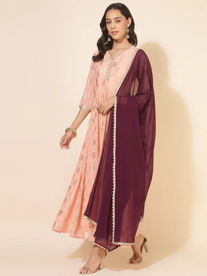 Peach Georgette Foil Printed Anarkali Kurta and Dupatta