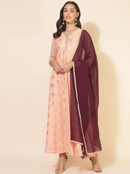 Peach Georgette Foil Printed Anarkali Kurta and Dupatta