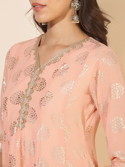 Peach Georgette Foil Printed Anarkali Kurta and Dupatta