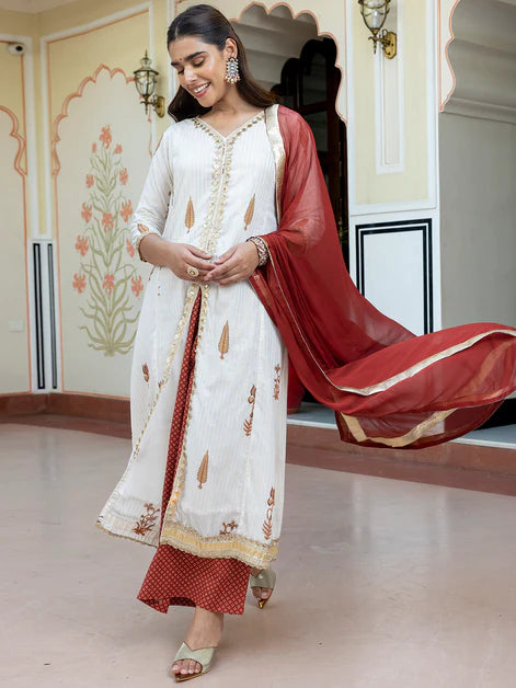 White Cotton Embellished Floral Printed Kurta with Flared Palazzo and Dupatta