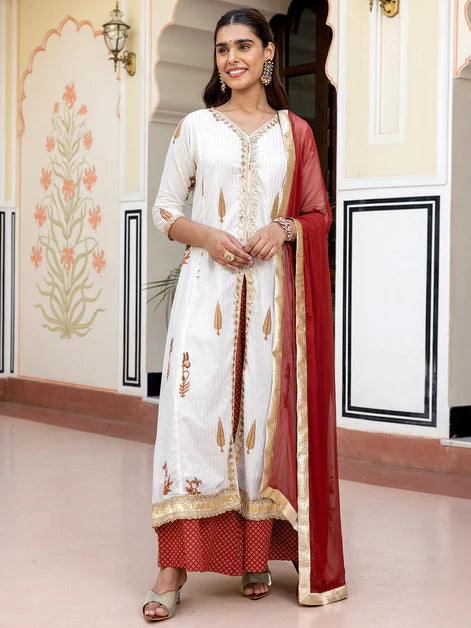 White Cotton Embellished Floral Printed Kurta with Flared Palazzo and Dupatta