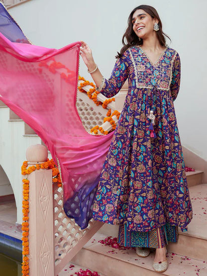 Purple Cotton Embellished Ethnic Printed Kurta with Flared Palazzo and Dupatta