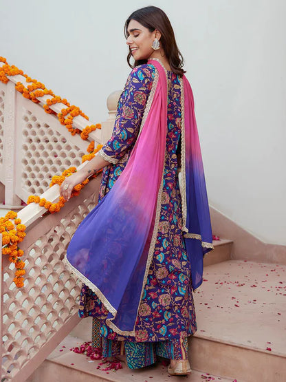 Purple Cotton Embellished Ethnic Printed Kurta with Flared Palazzo and Dupatta