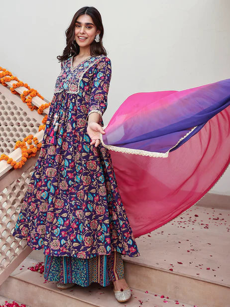 Purple Cotton Embellished Ethnic Printed Kurta with Flared Palazzo and Dupatta