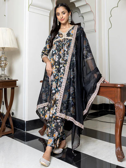 Black Cotton Embellished Kurta with Palazzo and Dupatta