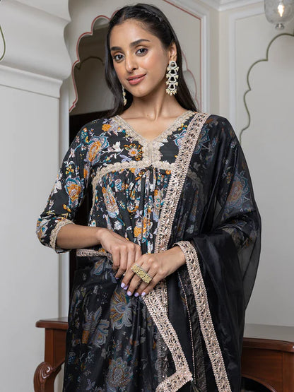 Black Cotton Embellished Kurta with Palazzo and Dupatta