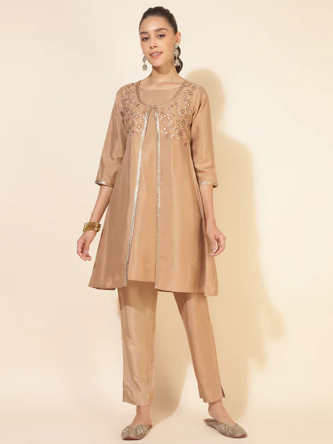 Beige Crepe Embrodiery Jacket Style Kurta with Pant and Jacket