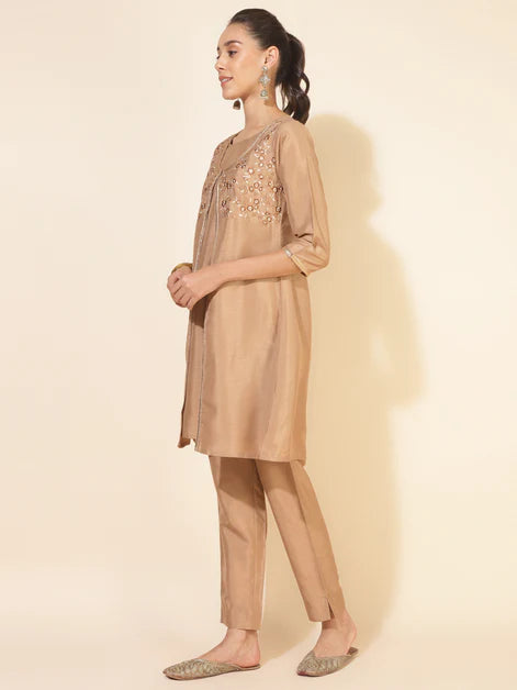 Beige Crepe Embrodiery Jacket Style Kurta with Pant and Jacket