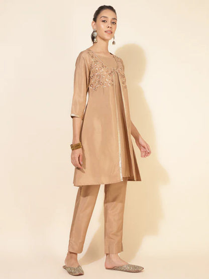 Beige Crepe Embrodiery Jacket Style Kurta with Pant and Jacket