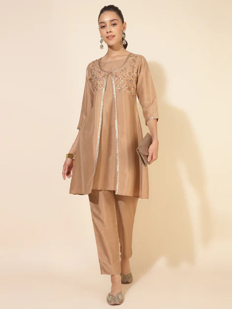 Beige Crepe Embrodiery Jacket Style Kurta with Pant and Jacket