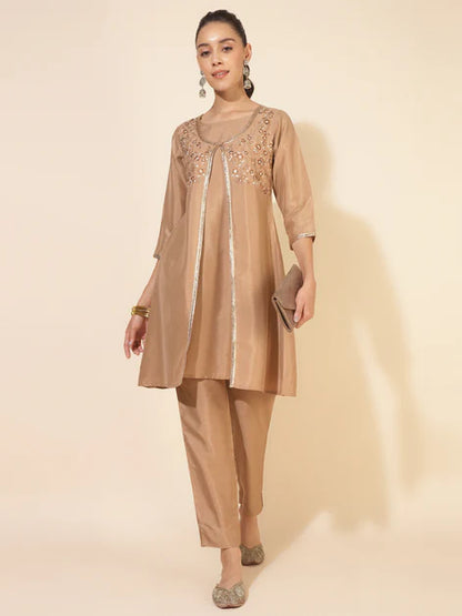 Beige Crepe Embrodiery Jacket Style Kurta with Pant and Jacket